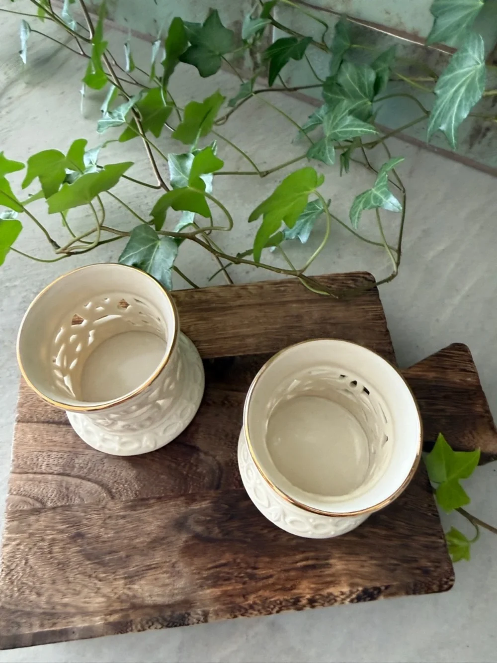 Lenox Ivory China Pierced Lattice Votive Set - Pair of 2 - 24k Gold Trim - MINT